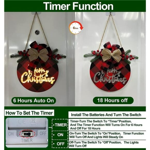 [ Lighted & Timer ] Merry Christmas Wreath Sign w/ Lights for Front Door - Picture 5 of 6